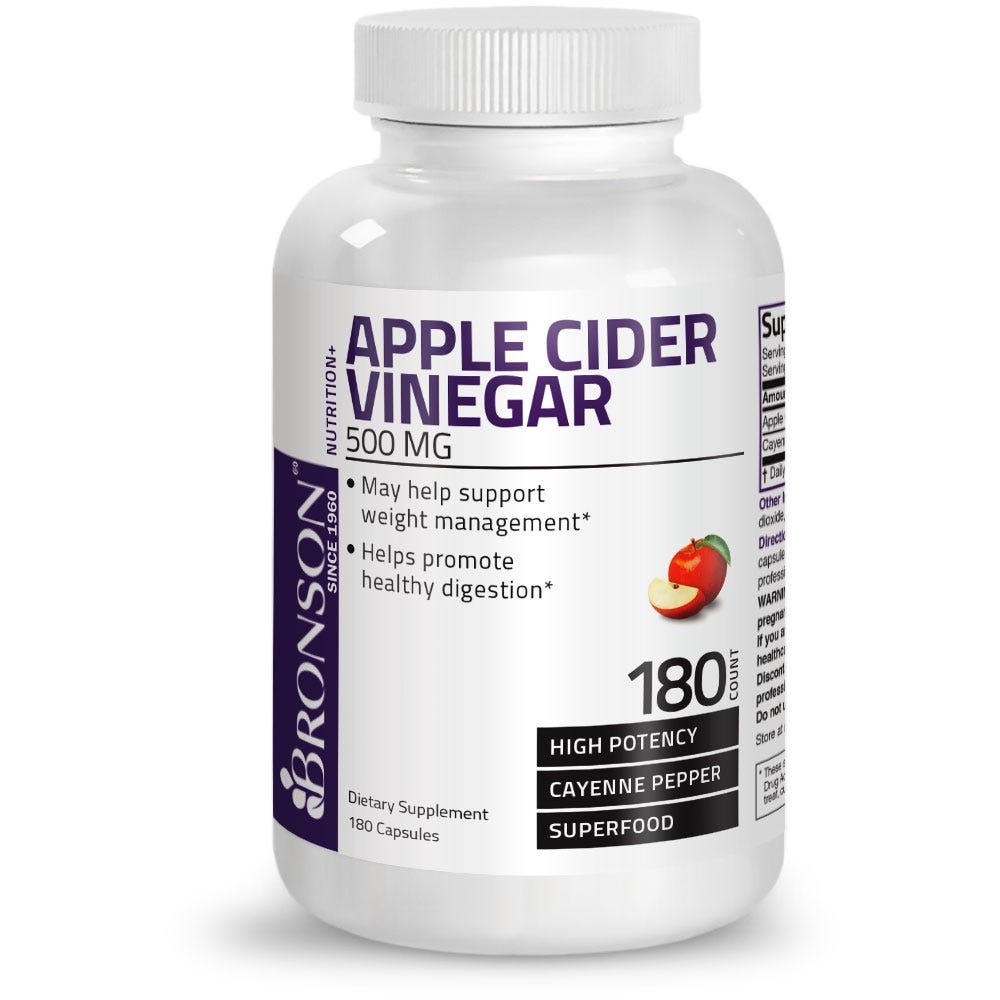 Bronson Vitamins Apple Cider Vinegar with Cayenne Pepper High Potency - 500 mg - 180 Capsules, Item #1108, Bottle, Front Label