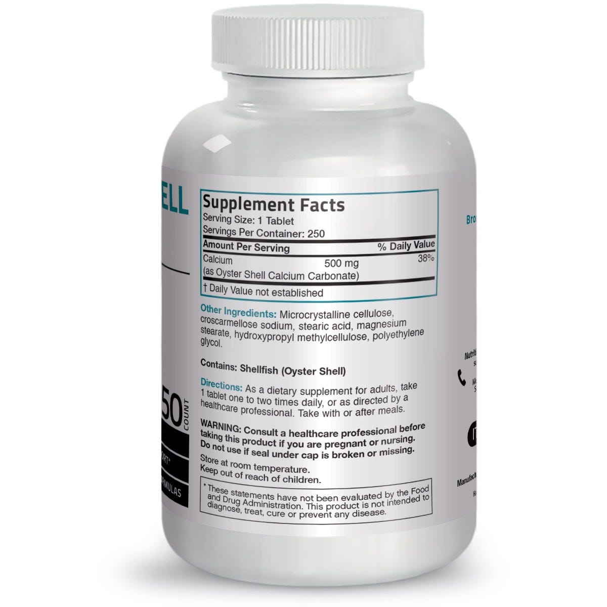 Bronson Vitamins Oyster Shell Calcium - 500 mg - 250 Tablets, Item #110B, Bottle, Back Label, Supplement Facts, Other Ingredients, Directions and Warnings