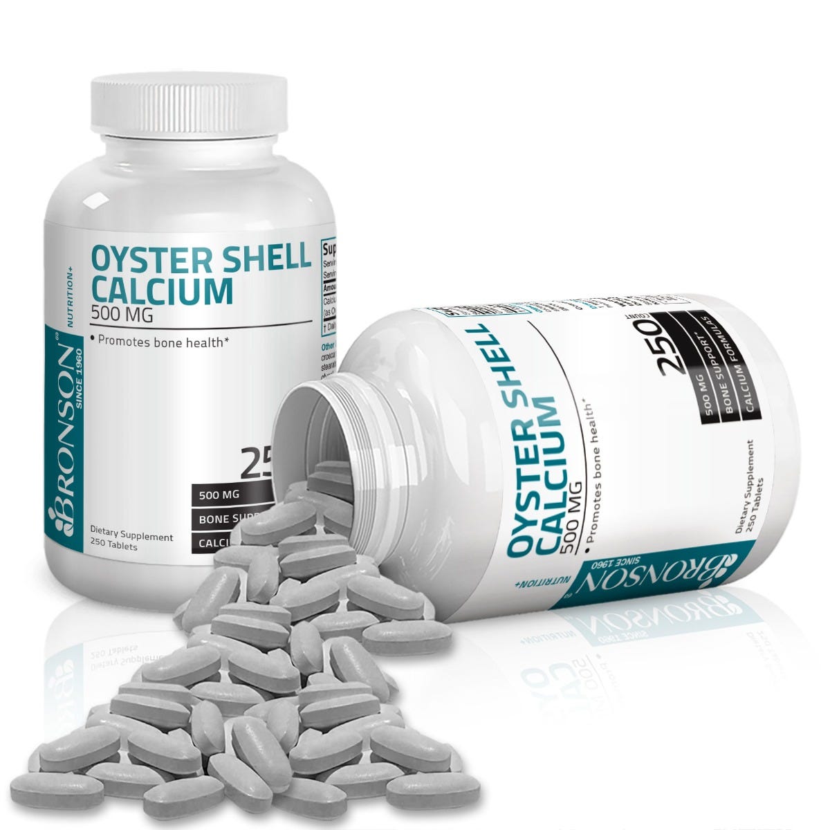 Bronson Vitamins Oyster Shell Calcium - 500 mg - 250 Tablets, Item #110B, Two Bottles , Front Label, One Bottle on Side, Tablets Displayed
