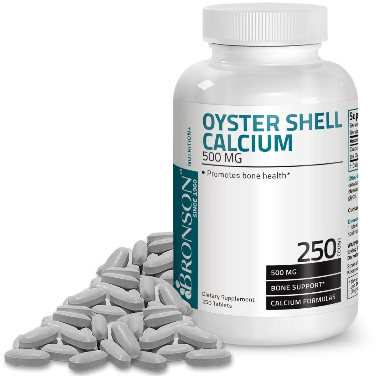Bronson Vitamins Oyster Shell Calcium - 500 mg - 250 Tablets, Item #110B, Bottle, Front Label with Tablets