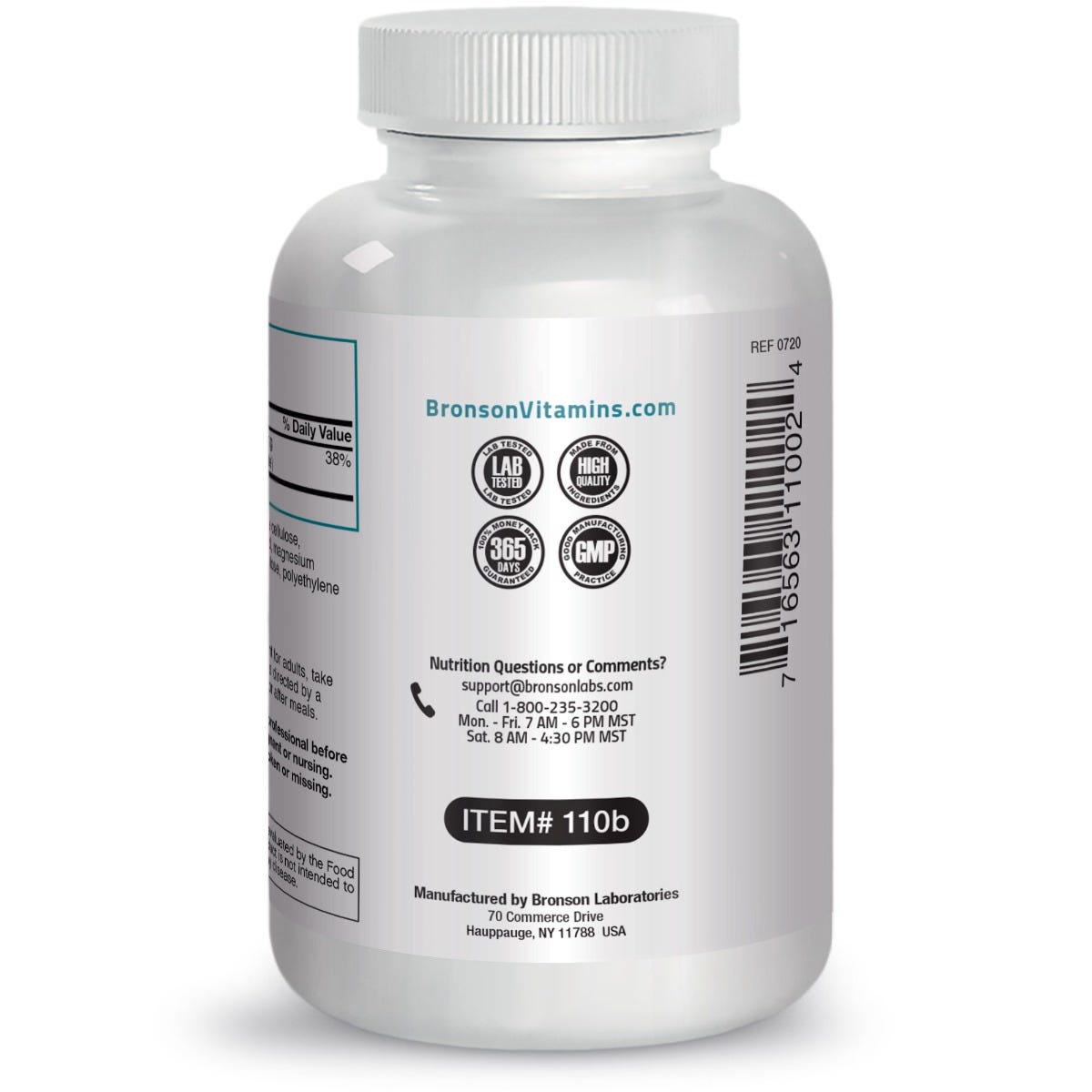 Bronson Vitamins Oyster Shell Calcium - 500 mg - 250 Tablets, Item #110B, Bottle, Side Label, Contact Info