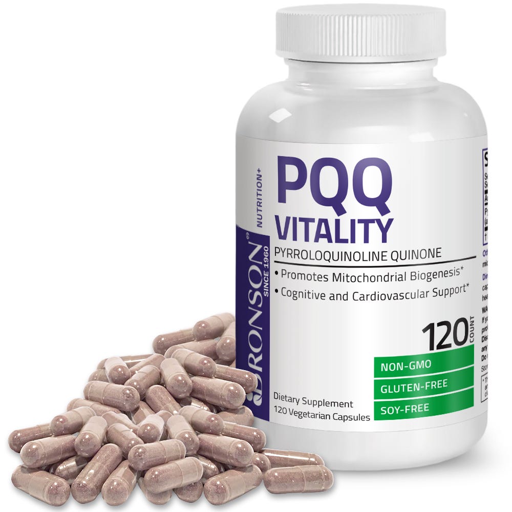 Bronson Vitamins PQQ Vitality Pyroloquinoline Quinone - 20 mg - 120 Vegetarian Capsules, Item #1130-120, Bottle, Front Label with Capsules