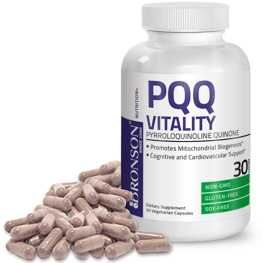 Bronson Vitamins PQQ Vitality Pyroloquinoline Quinone - 20 mg - 30 Vegetarian Capsules, Item #1130A, Bottle, Front Label with Capsules