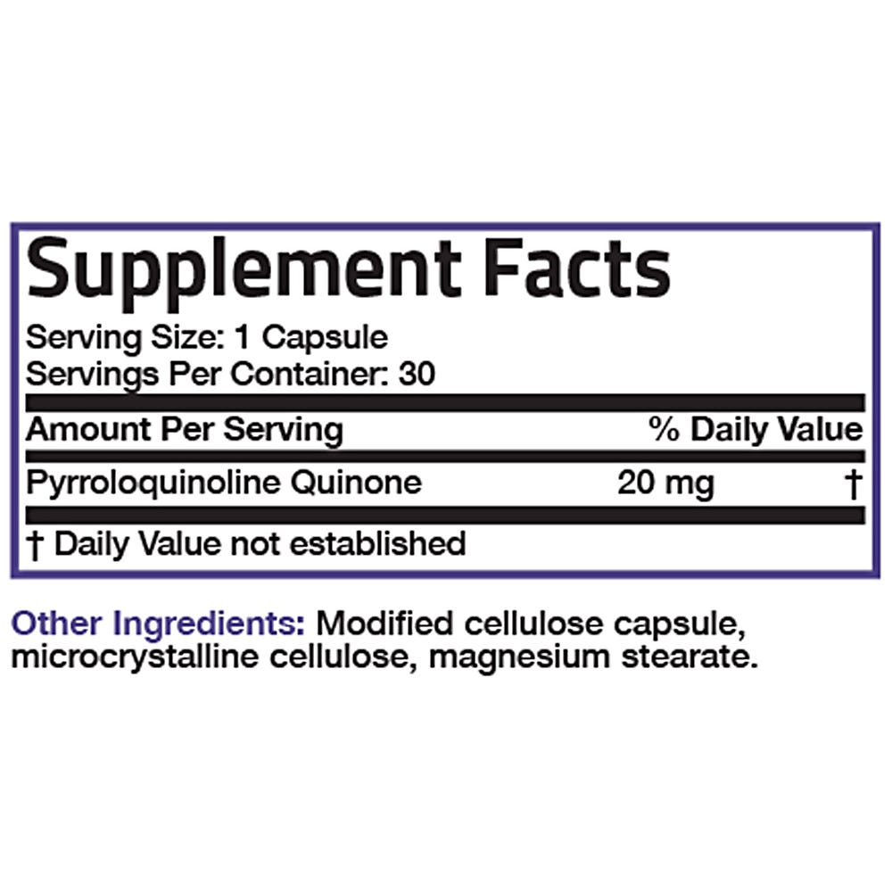 Bronson Vitamins PQQ Vitality Pyroloquinoline Quinone - 20 mg - 30 Vegetarian Capsules, Item #1130A, Supplement Facts Panel