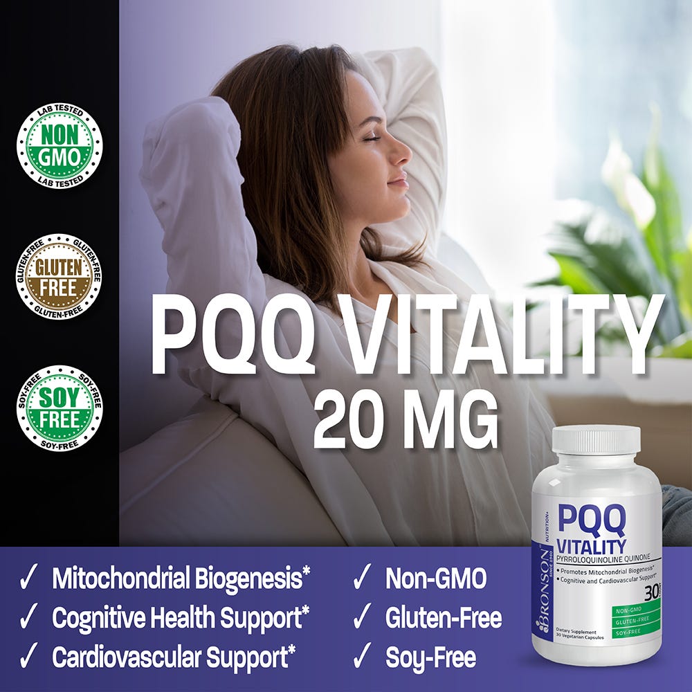 Bronson Vitamins PQQ Vitality Pyroloquinoline Quinone - 20 mg - 30 Vegetarian Capsules, Item #1130A, Banner, PQQ Vitality 20 mg