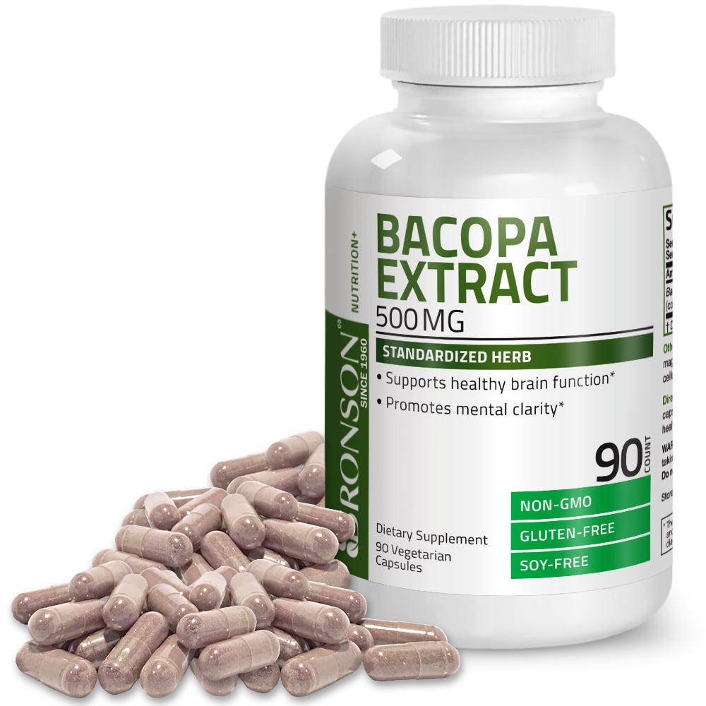 Bronson Vitamins Bacopa Monniera Standardized Extract - 500 mg - 90 Vegetarian Capsules, Item #1135A, Bottle, Front Label with Capsules