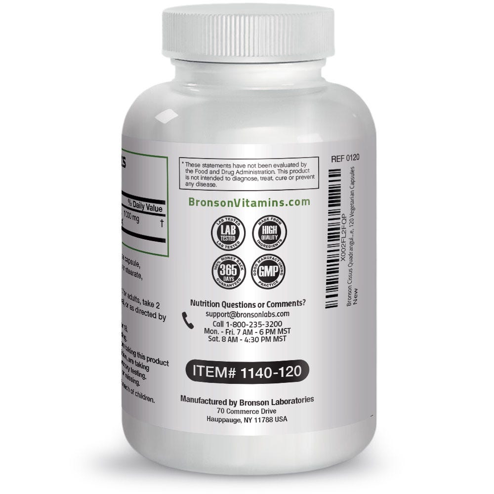 Cissus Quadrangularis - 1,000 mg - 120 Vegetarian Capsules, Item #1140-120, Bottle, Side Label, Contact Info