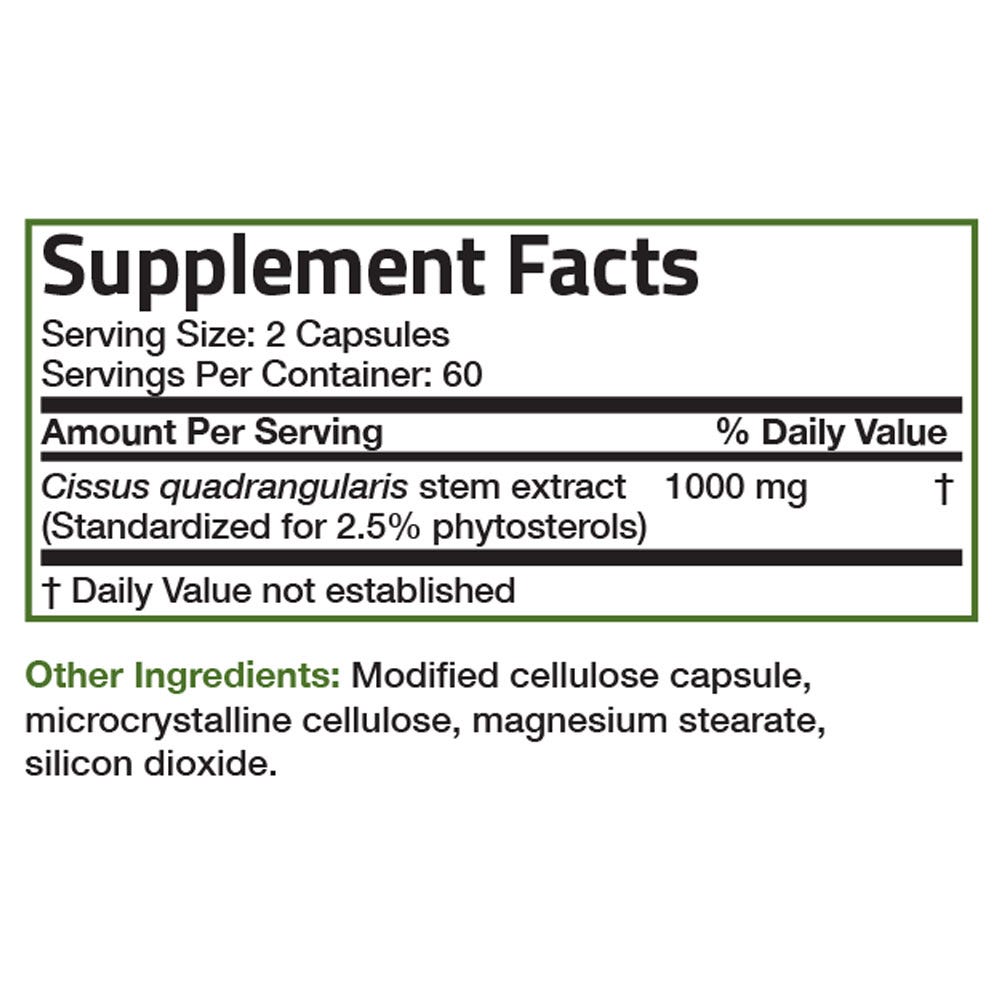 Cissus Quadrangularis - 1,000 mg - 120 Vegetarian Capsules, Item #1140-120, Supplement Facts Panel