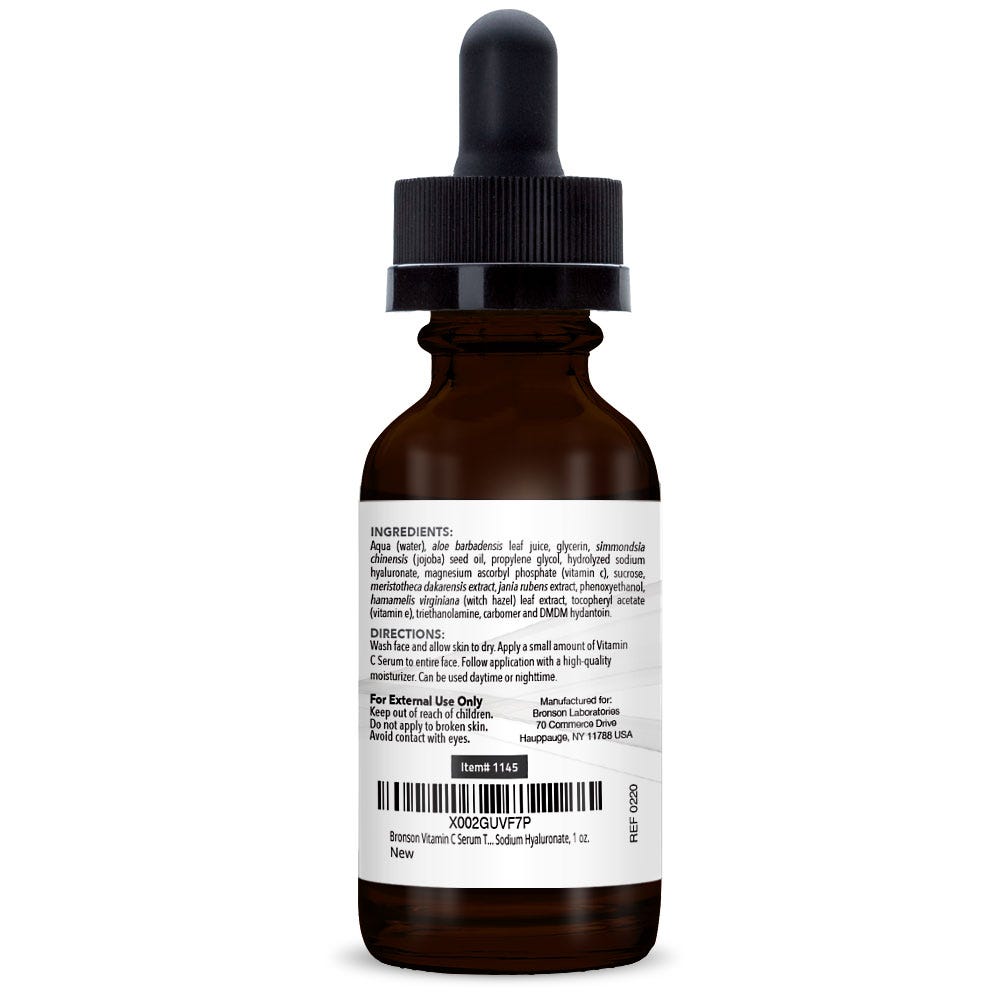 Bronson Vitamins Vitamin C Topical Facial Serum - 1 oz, Item #1145, Bottle, Back Label, Ingredients
