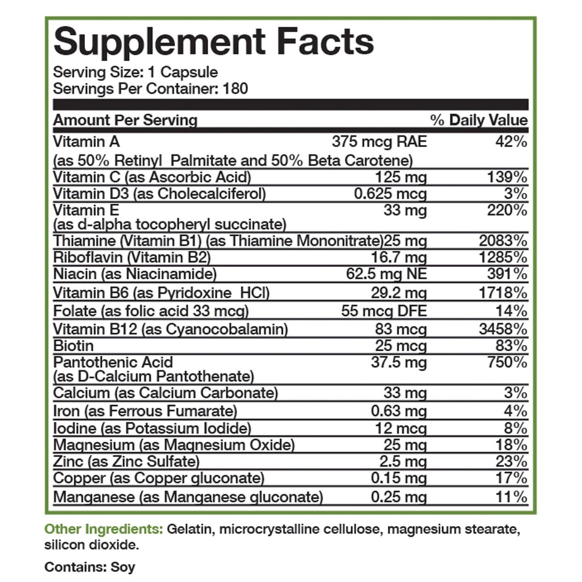 Bronson Vitamins Once Daily Multivitamin and Mineral - 180 Capsules, Item #123, Supplement Facts Panel