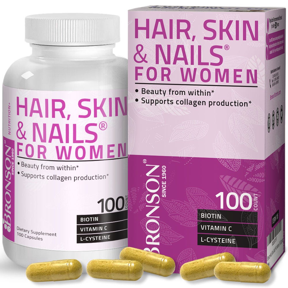 Bronson Vitamins Hair, Skin & Nails for Women - 100 Capsules, Item #136, Bottle and Box, Front Label with Capsules