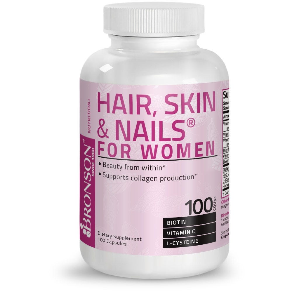 Bronson Vitamins Hair, Skin & Nails for Women - 100 Capsules, Item #136, Bottle, Front Label