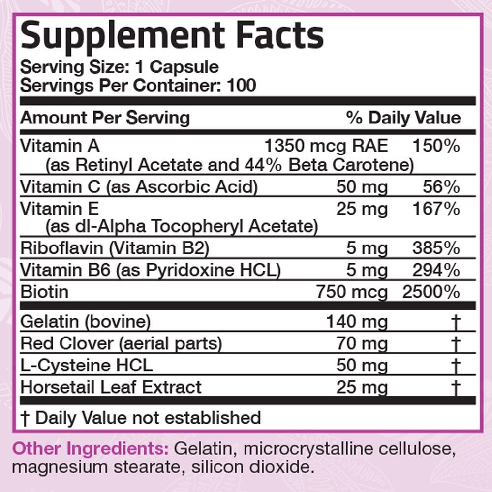 Bronson Vitamins Hair, Skin & Nails for Women - 100 Capsules, Item #136, Supplement Facts Panel