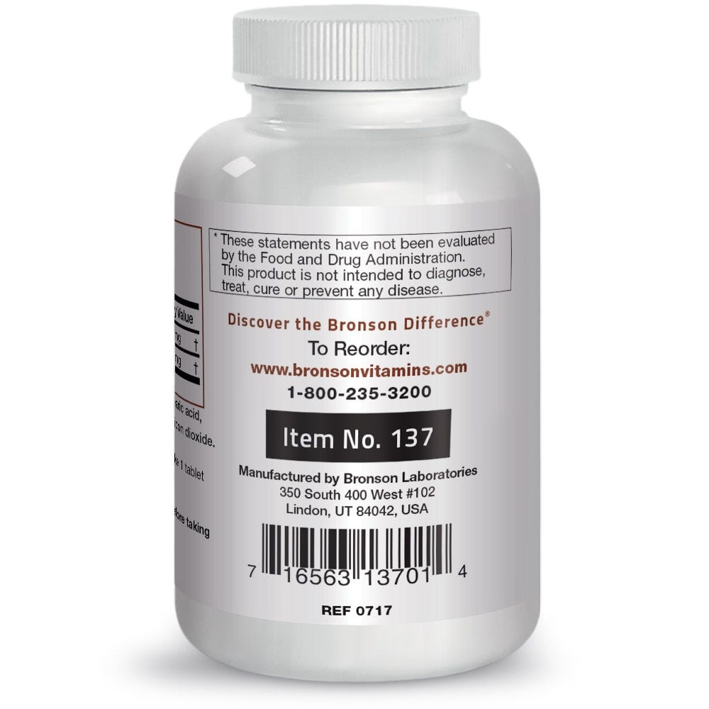 Bronson Vitamins Bromelain Proteolytic Enzyme - 500 mg - 100 Tablets, Item #137, Bottle, Side Label, FDA Statement