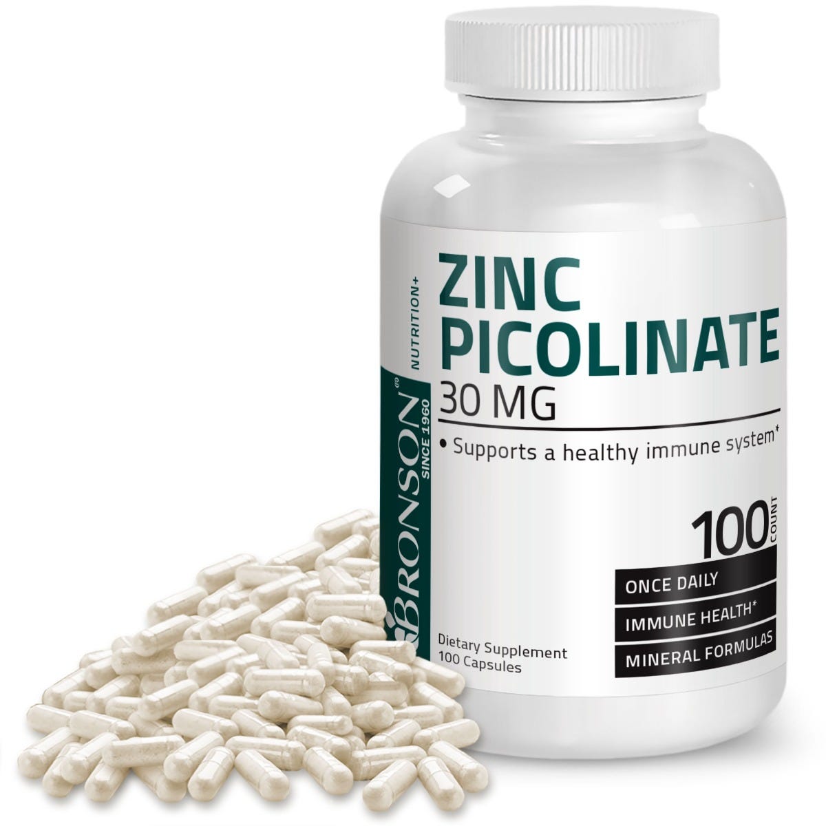 Bronson Vitamins Zinc Picolinate - 30 mg - 100 Capsules, Item #152, Bottle, Front Label with Capsules
