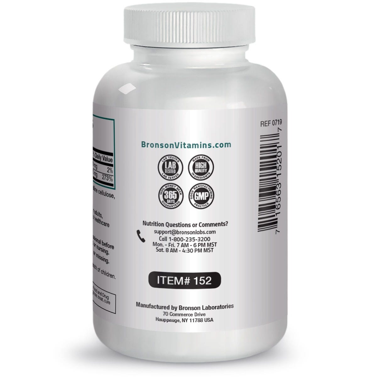 Bronson Vitamins Zinc Picolinate - 30 mg - 100 Capsules, Item #152, Bottle, Side Label, Contact Info