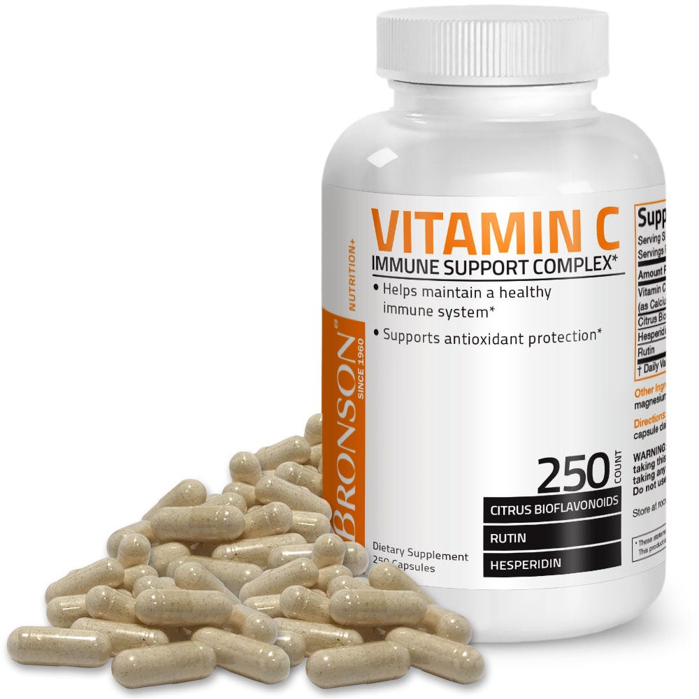 Bronson Vitamins Vitamin C Complex with Citrus Bioflavonoids - 500 mg - 250 Capsules, Item #160B, Bottle, Front Label with Capsules