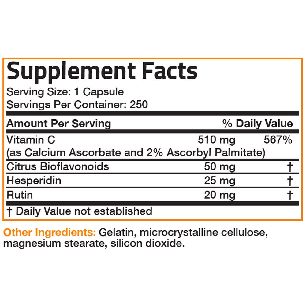 Bronson Vitamins Vitamin C Complex with Citrus Bioflavonoids - 500 mg - 250 Capsules, Item #160B, Supplement Facts Panel
