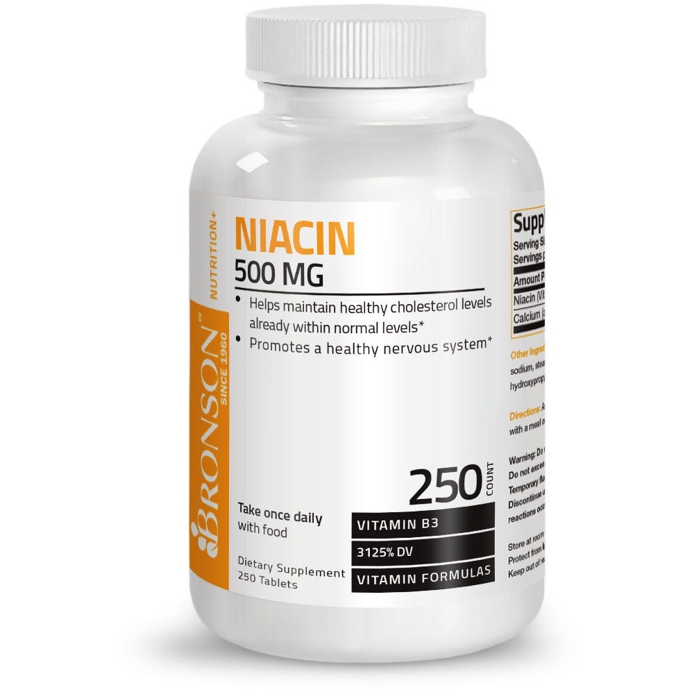 Bronson Vitamins Niacin Vitamin B3 - 500 mg - 250 Tablets, Item #165B, Bottle, Front Label