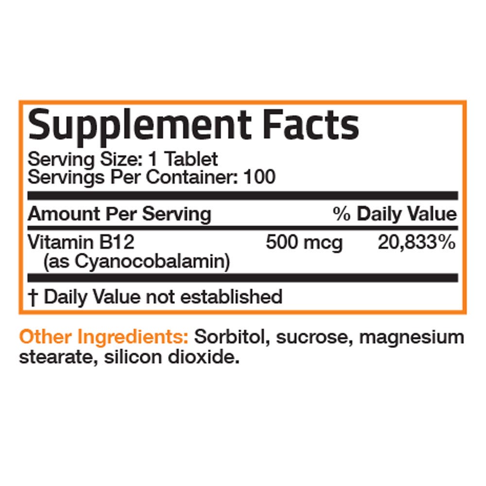 Bronson Vitamins Vitamin B12 Quick Release Sublingual - 500 mcg - 100 Tablets, Item #167A, Supplement Facts Panel