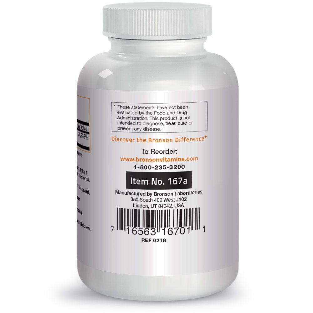 Bronson Vitamins Vitamin B12 Quick Release Sublingual - 500 mcg - 100 Tablets, Item #167A, Bottle, Side Label, Contact Info