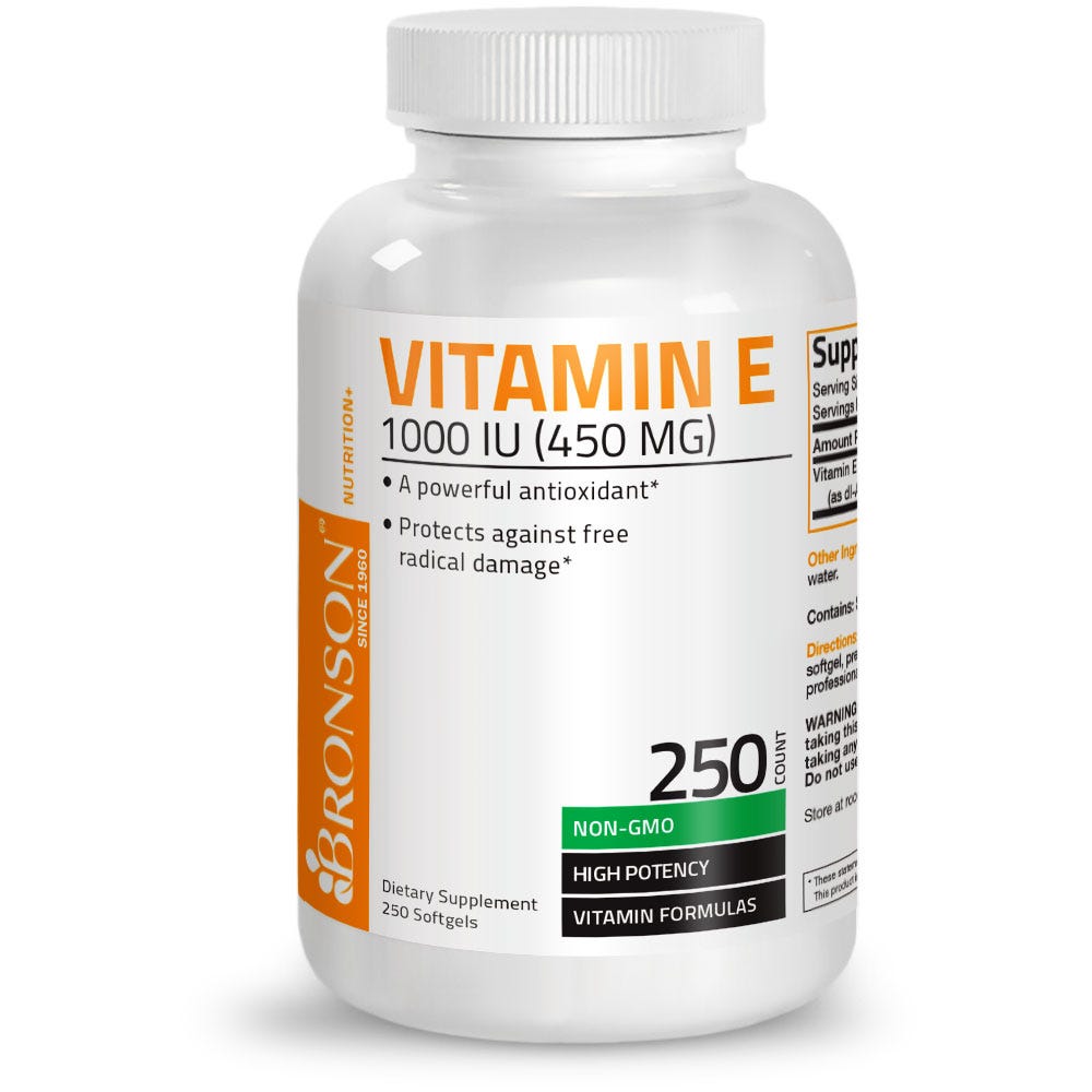 Bronson Vitamins Vitamin E Non-GMO High Potency - 1,000 IU - 250 Softgels, Item #185B, Bottle, Front Label