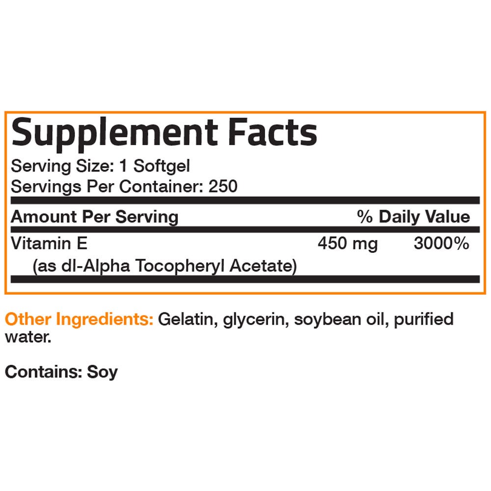 Bronson Vitamins Vitamin E Non-GMO High Potency - 1,000 IU - 250 Softgels, Item #185B, Bottle, Back Label, Supplement Facts