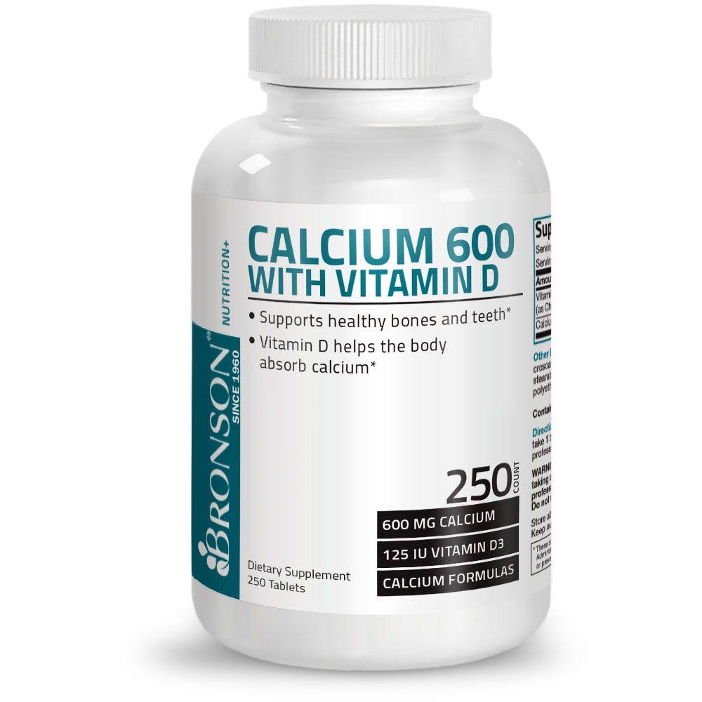 Calcium with Vitamin D - 600 mg - 250 Tablets, Item #186B, Bottle, Front Label