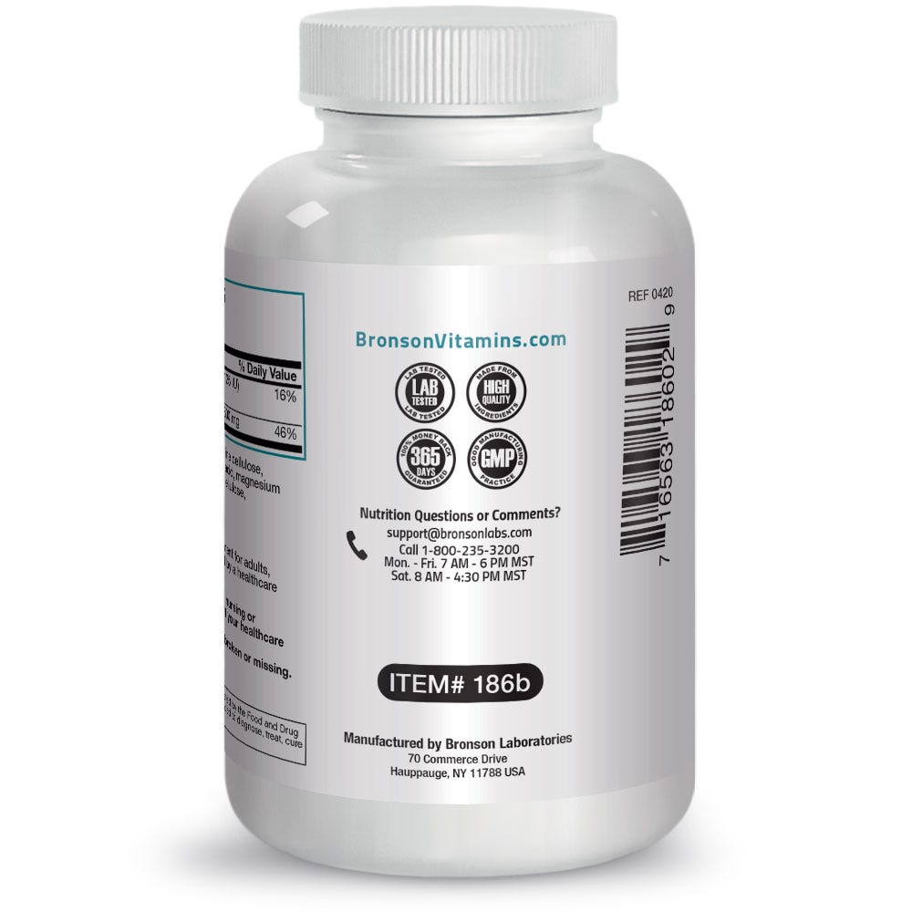 Calcium with Vitamin D - 600 mg - 250 Tablets, Item #186B, Bottle, Side Label, Contact Info