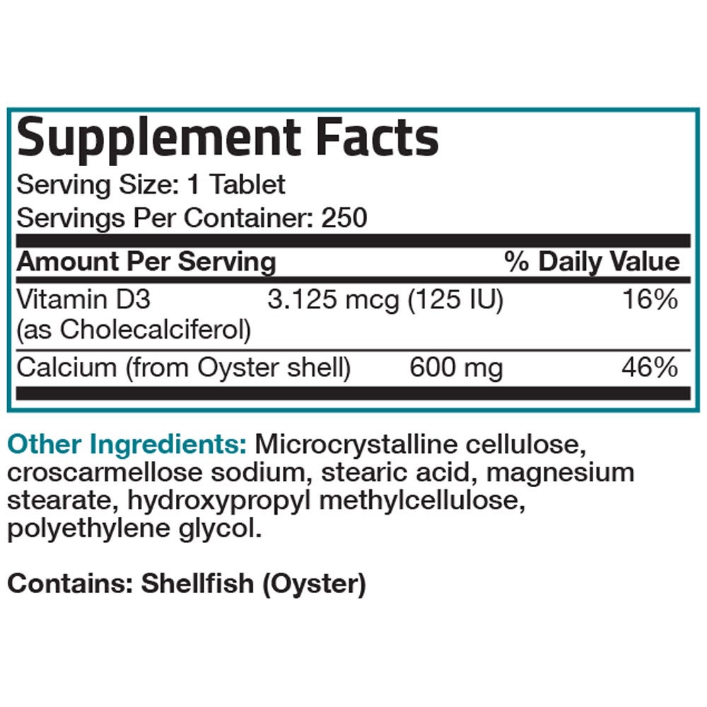 Calcium with Vitamin D - 600 mg - 250 Tablets, Item #186B, Supplement Facts Panel