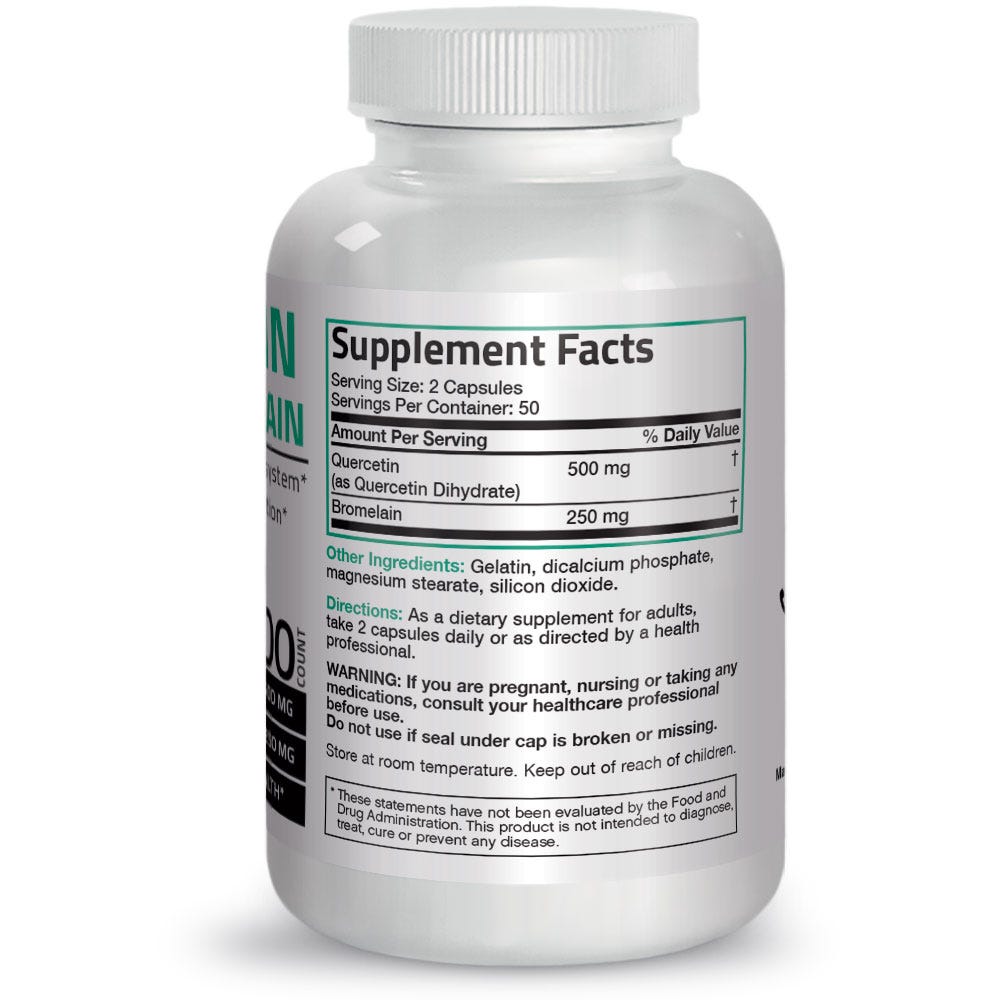 Bronson Vitamins Quercetin & Bromelain - 100 Capsules, Item #195, Bottle, Back Label, Supplement Facts, Other Ingredients, Directions and Warnings