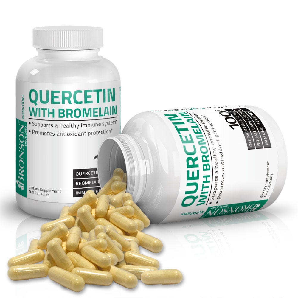 Bronson Vitamins Quercetin & Bromelain - 100 Capsules, Item #195, Two Bottles , Front Label, One Bottle on Side, Capsules Displayed
