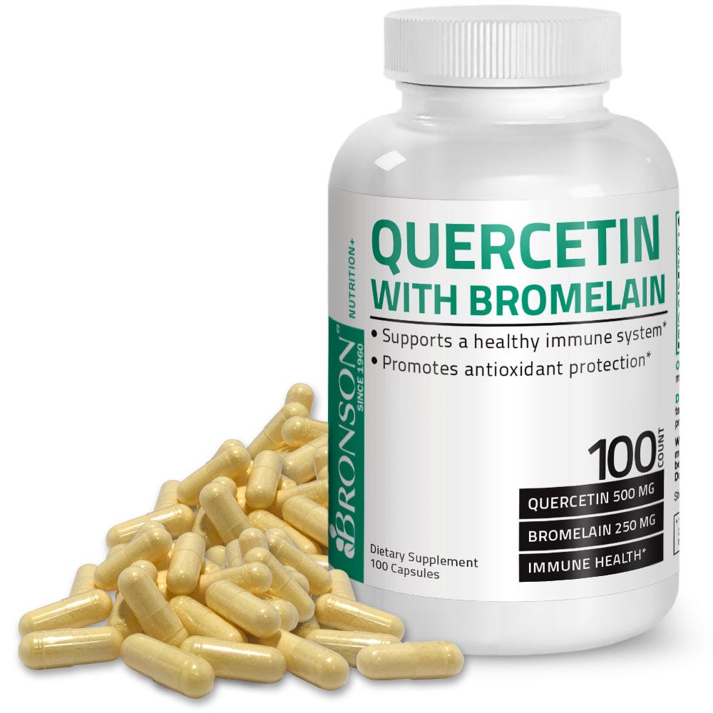 Bronson Vitamins Quercetin & Bromelain - 100 Capsules, Item #195, Bottle, Front Label with Capsules