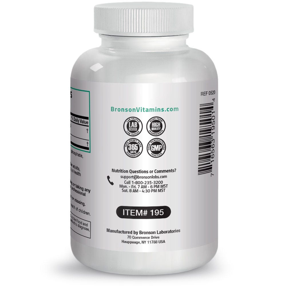 Bronson Vitamins Quercetin & Bromelain - 100 Capsules, Item #195, Bottle, Side Label, Lab Tested Icon, High-Quality Icon, Money back Guarantee Icon, GMP Icon, Contact Info