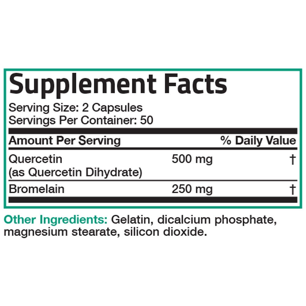 Bronson Vitamins Quercetin & Bromelain - 100 Capsules, Item #195, Supplement Facts Panel