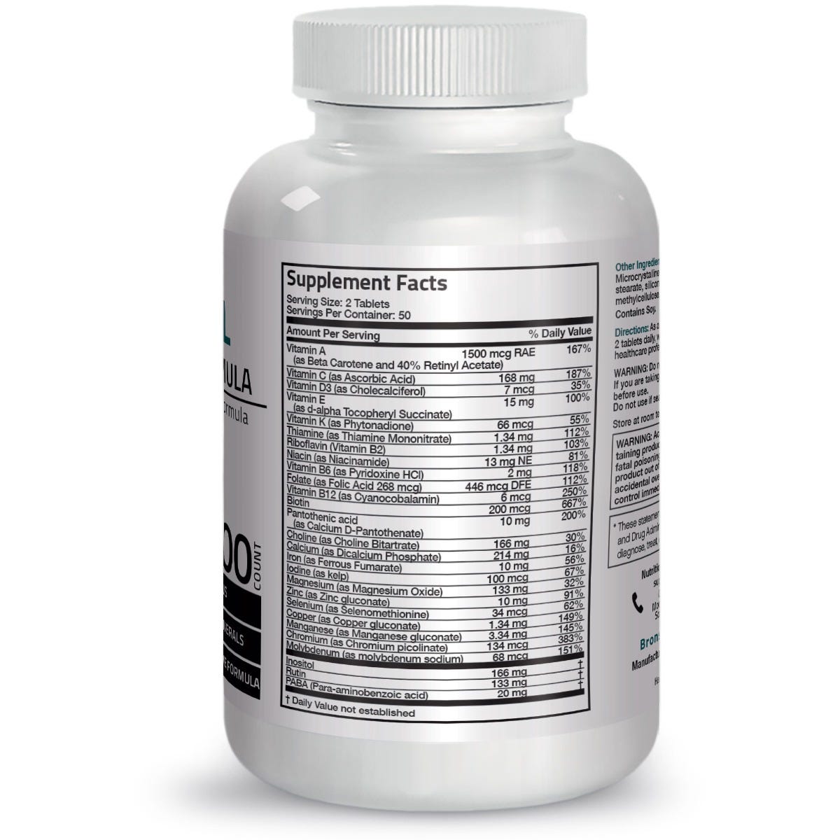 Bronson Vitamins Vitamin & Mineral Insurance Formula - 100 Tablets, Item #1A, Bottle, Back Label, Supplement Facts