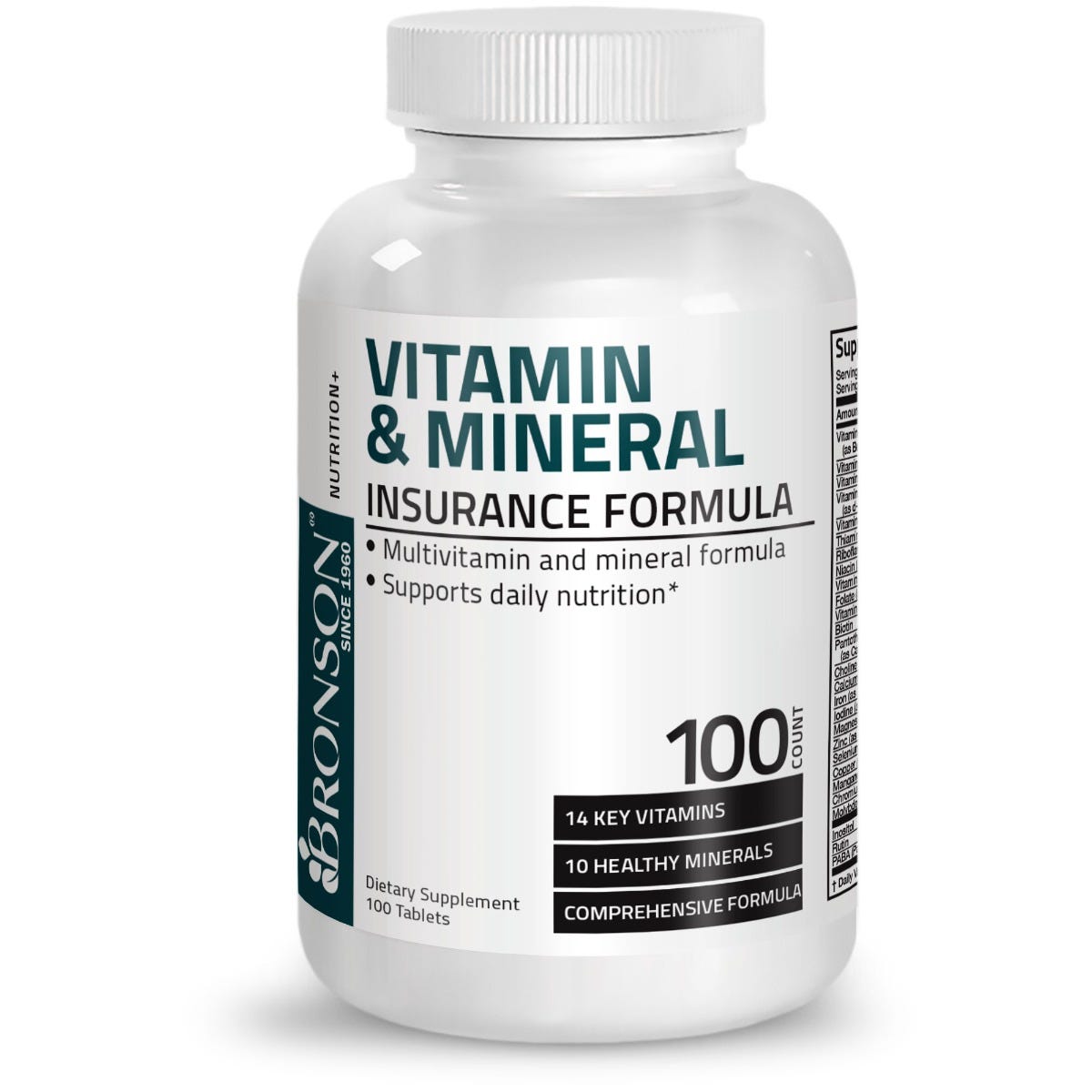 Bronson Vitamins Vitamin & Mineral Insurance Formula - 100 Tablets, Item #1A, Bottle, Front Label