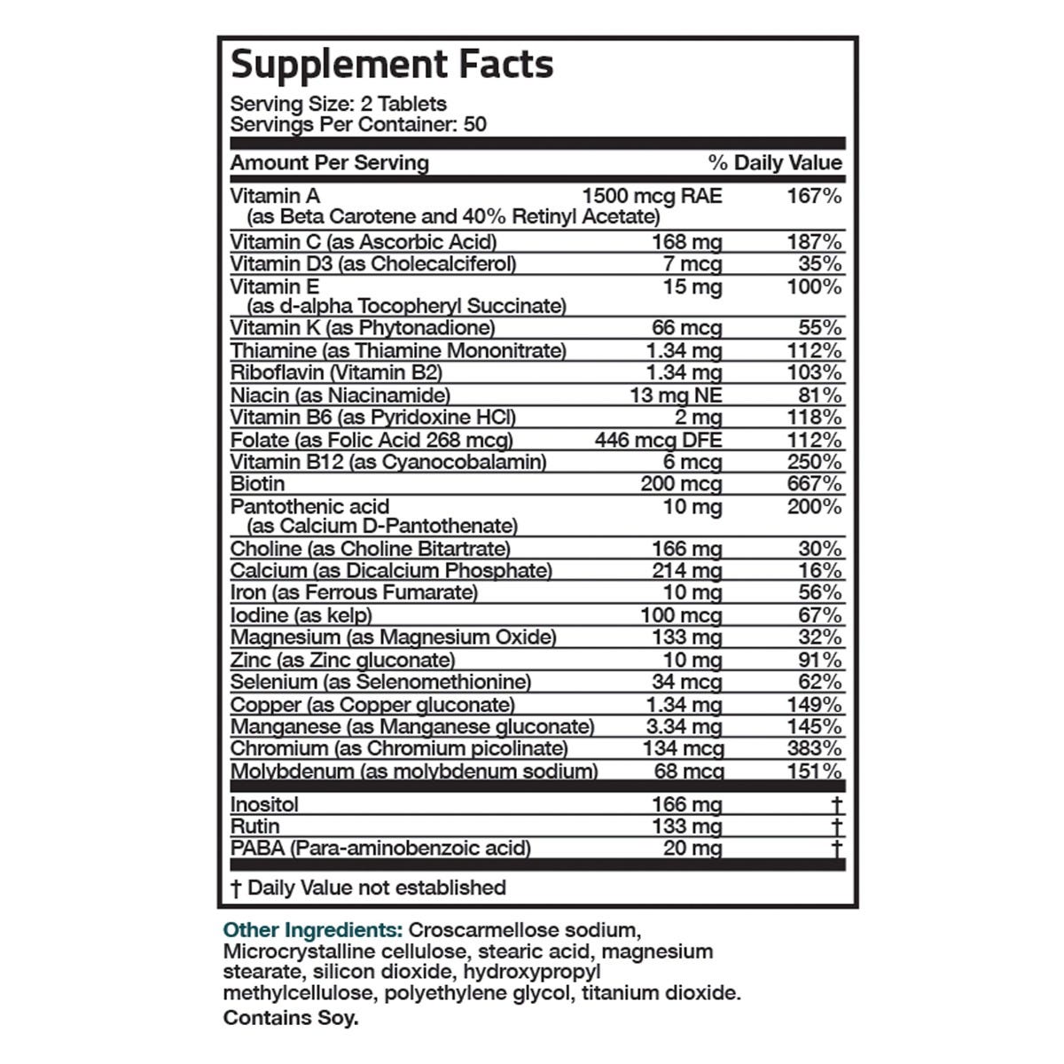 Bronson Vitamins Vitamin & Mineral Insurance Formula - 100 Tablets, Item #1A, Supplement Facts Panel