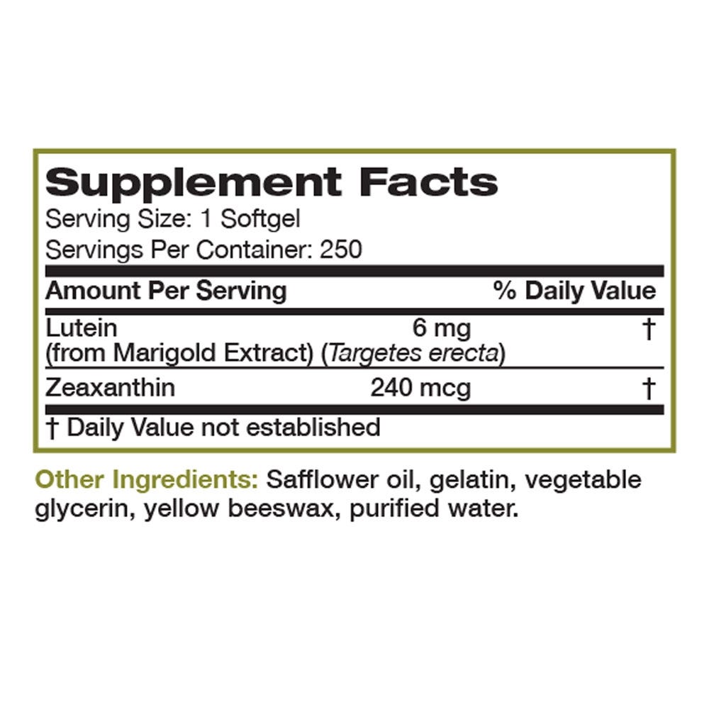 Bronson Vitamins Lutein - 6 mg - 250 Softgels, Item #200B, Supplement Facts Panel