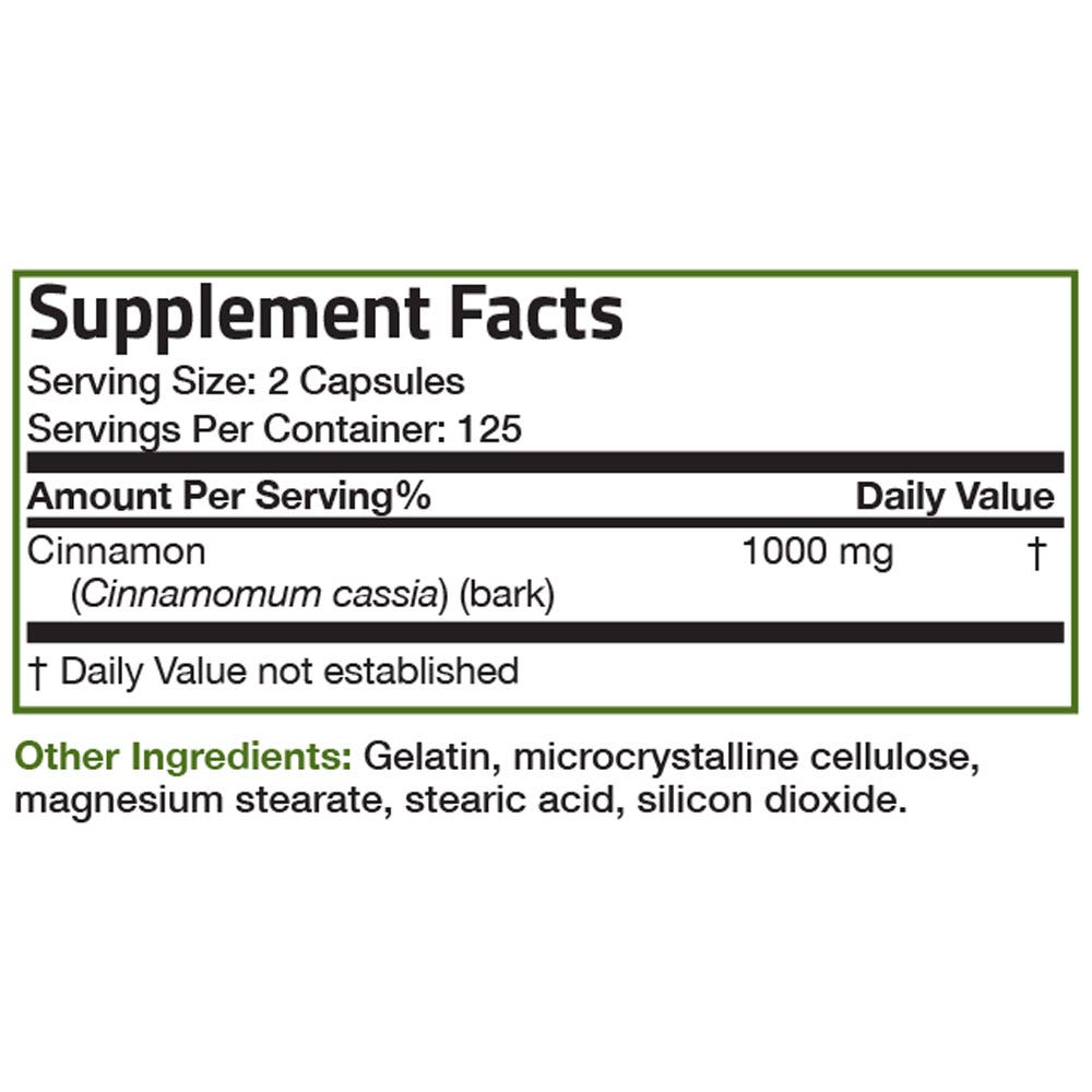 Cinnamon High-Potency - 1,000 mg - 250 Capsules, Item #203B, Supplement Facts Panel