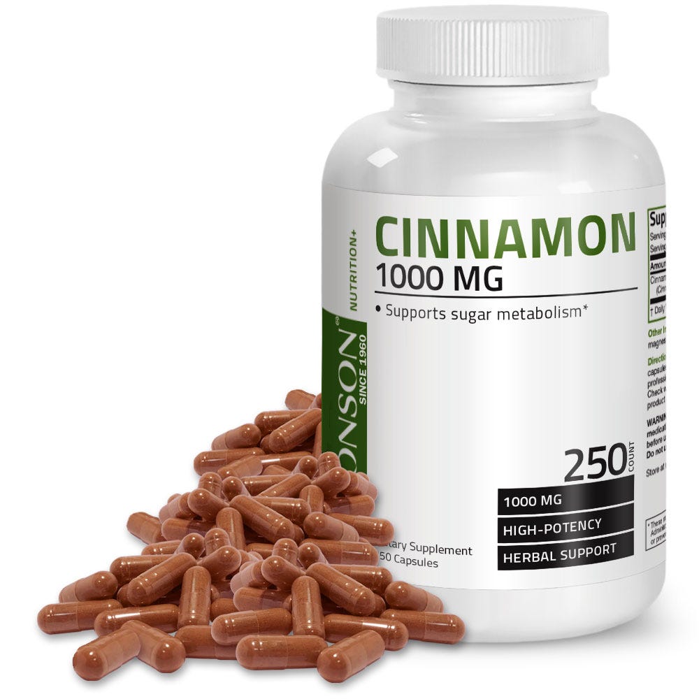 Cinnamon High-Potency - 1,000 mg - 250 Capsules, Item #203B, Bottle, Front Label with Capsules