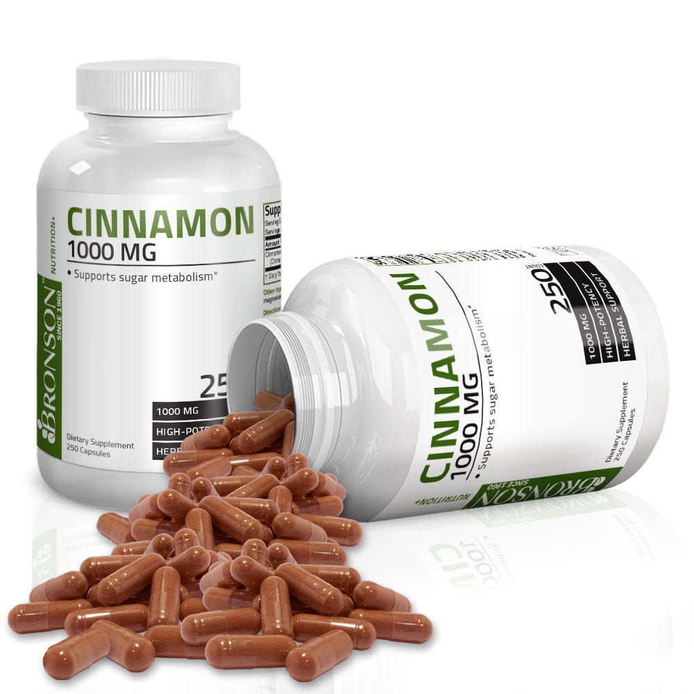 Cinnamon High-Potency - 1,000 mg - 250 Capsules, Item #203B, Two Bottles , Front Label, One Bottle on Side , Capsules Displayed