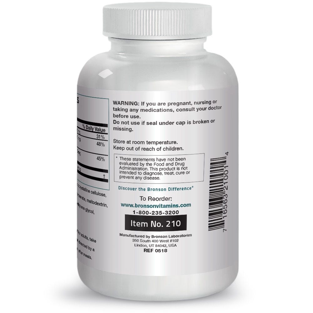 Calcium and Magnesium with Boron and Zinc - 180 Tablets, Item #210, Bottle, Side Label, Warnings, FDA Statement: *These statements have not been evaluated by the Food and Drug Administration. This product is not intended to diagnose, treat, cure or preven