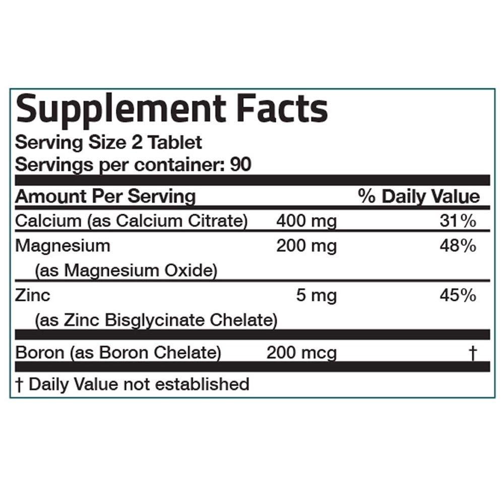 Calcium and Magnesium with Boron and Zinc - 180 Tablets, Item #210, Supplement Facts Panel