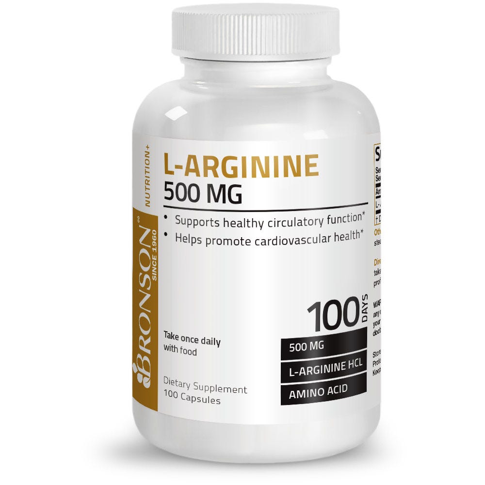 Bronson Vitamins L-Arginine - 500 mg - 100 Capsules, Item #221, Bottle, Front Label
