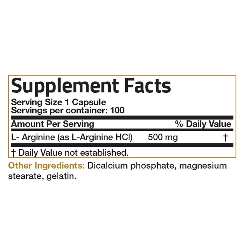 Bronson Vitamins L-Arginine - 500 mg - 100 Capsules, Item #221, Supplement Facts Panel