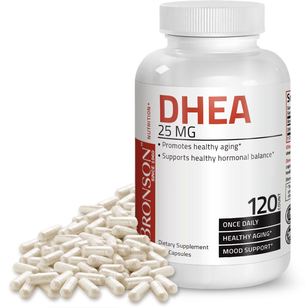Bronson Vitamins DHEA - 25 mg - 120 Capsules, Item #225B, Bottle, Front Label with Capsules