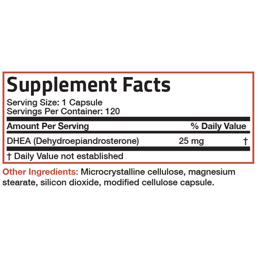 Bronson Vitamins DHEA - 25 mg - 120 Capsules, Item #225B, Supplement Facts Panel