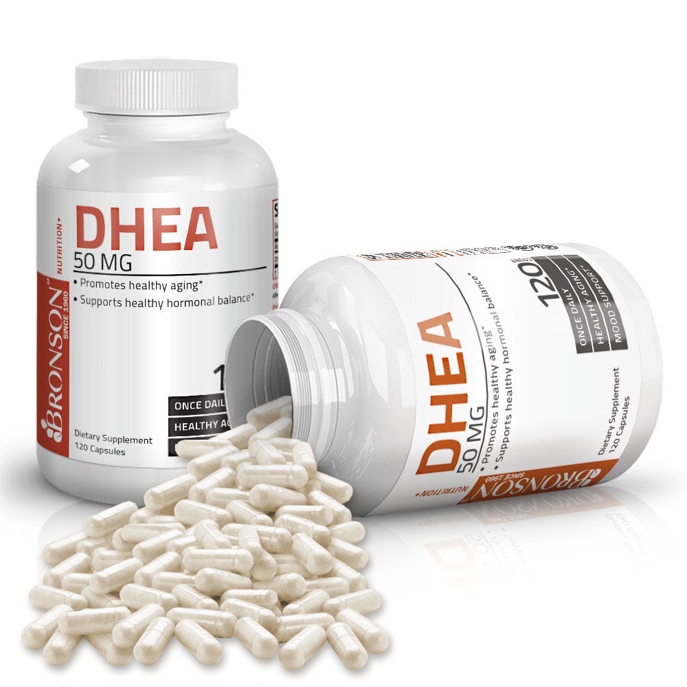 Bronson Vitamins DHEA - 50 mg - 120 Capsules, Item #226B, Two Bottles , Front Label, One Bottle on Side , Capsules Displayed