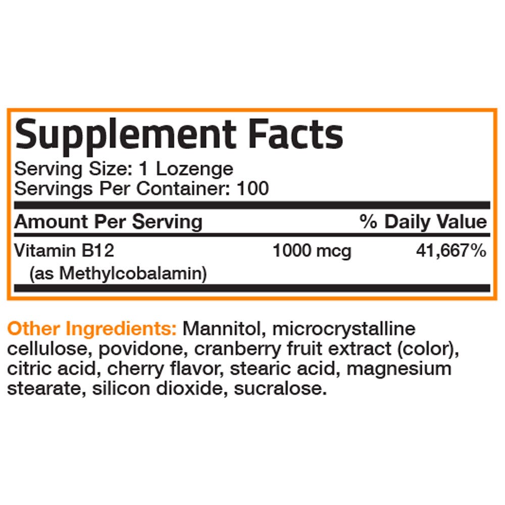 Bronson Vitamins Vitamin B12 Quick Release Sublingual - Cherry - 1,000 mcg - 100 Tablets, Item #233A, Supplement Facts Panel